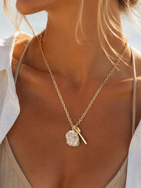 BP Gold Tone Druzy Pendant Necklace 30" Long Toggle Charm Lobster Clasp Coastal